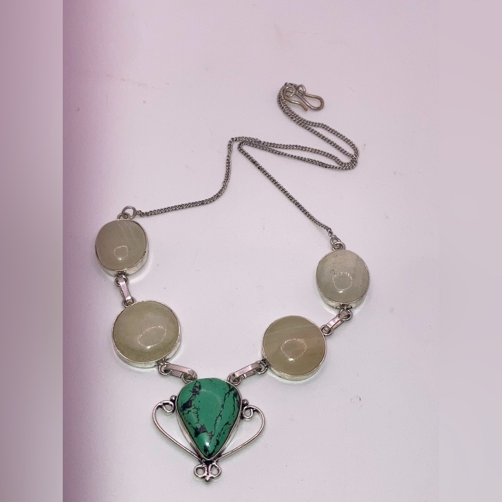 Vtg Banded Agate & Faux Turquoise Silver Tone Necklace 19” + 1.3”